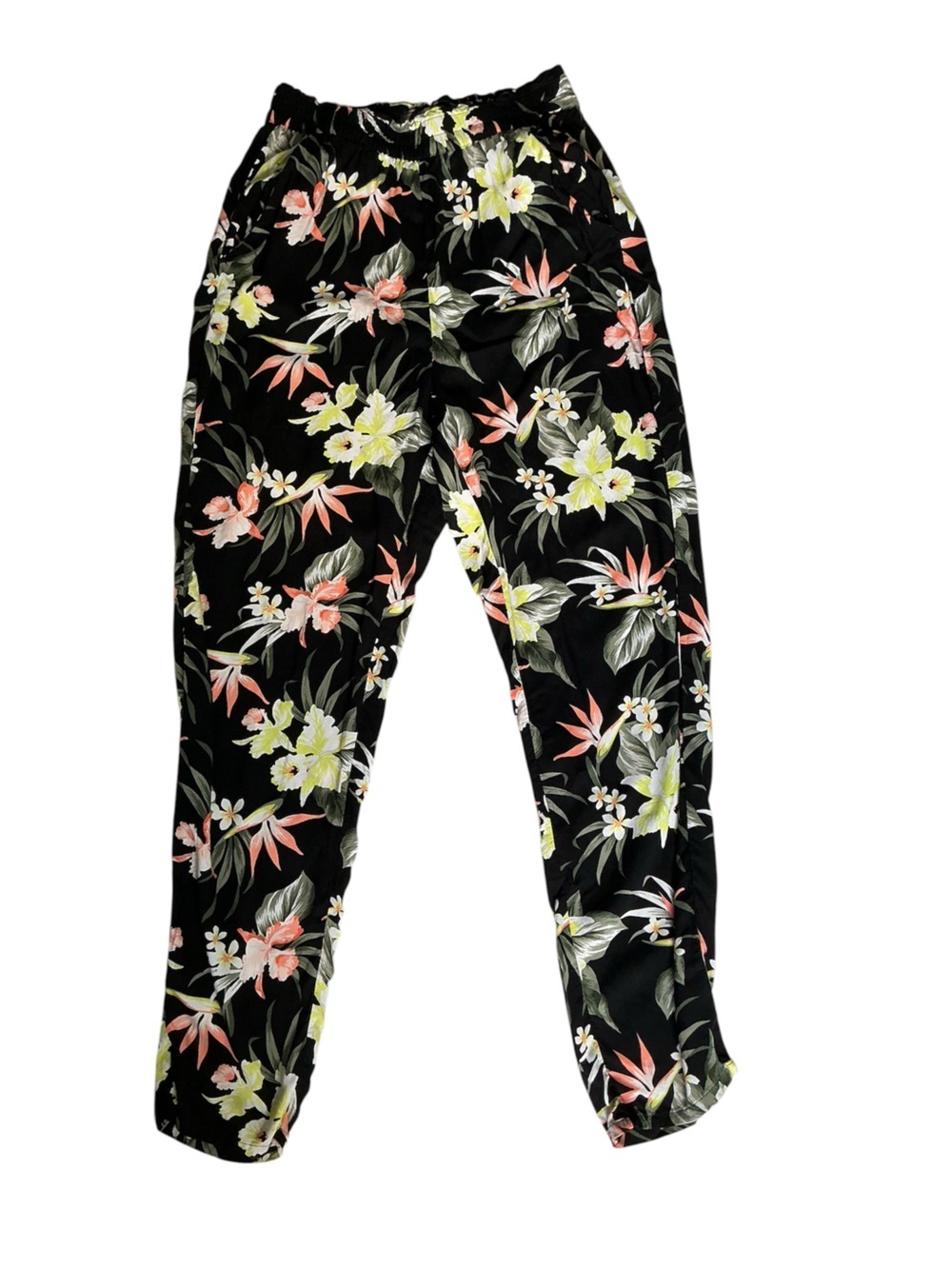H&M Black Tropical Floral Elastic Waist Pants r
